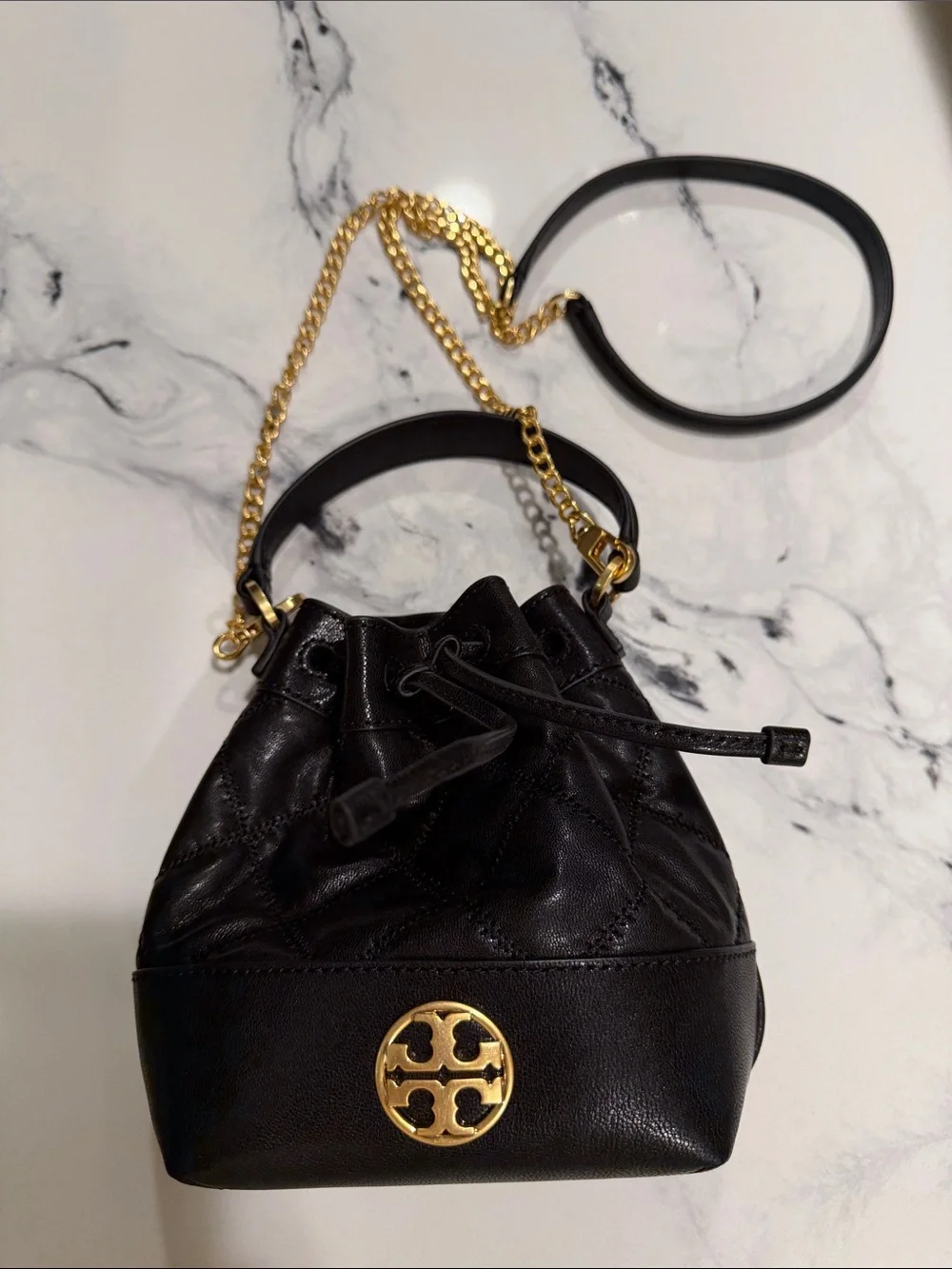 Tory Burch Black Leather Drawstring Mini Bucket Bag with Gold Logo